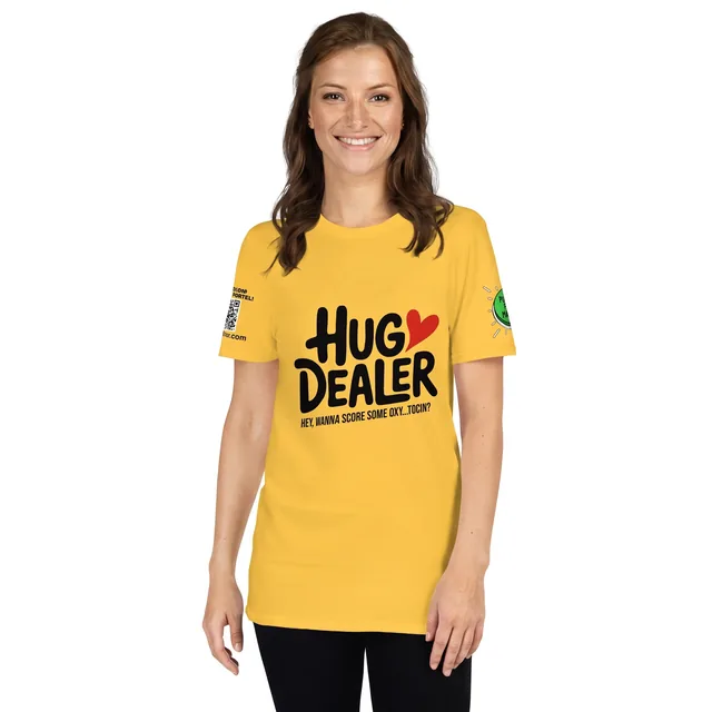 Smiling woman in a Daisy yellow Hug Dealer T-Shirt on a white background