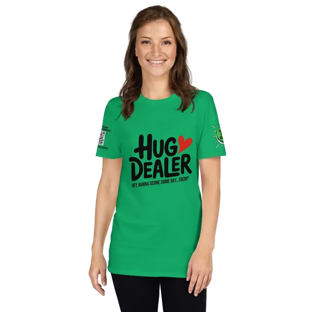 Smiling woman in an Irish Green Hug Dealer T-Shirt on a white background