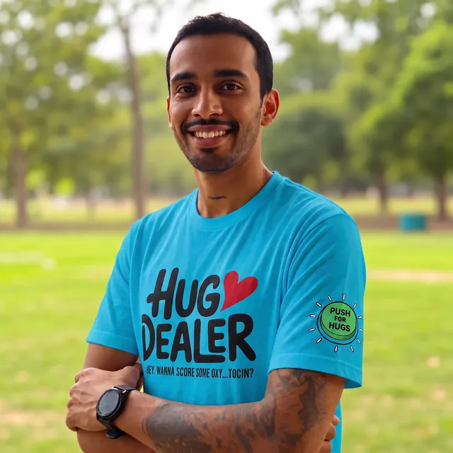 Smiling man in a Tropical Blue Hug Dealer T-Shirt with the green Push for Hugs shoulder button