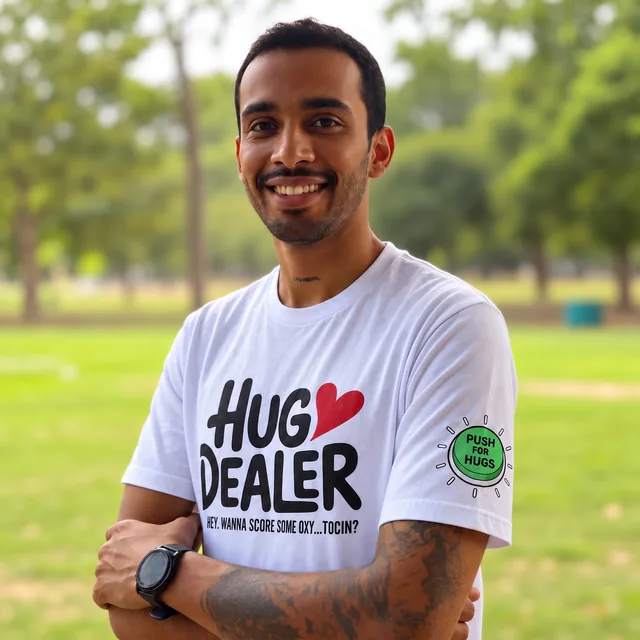 Smiling man in a white Hug Dealer T-Shirt with the green Push for Hugs shoulder button